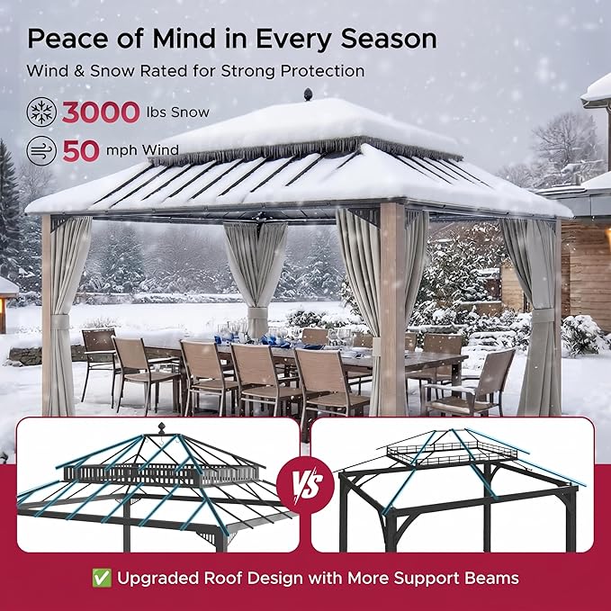 SUNJOY Kingston 14' x 12' Hardtop Gazebo with Curtain, Netting and Galvanized Steel Double Roof, Woodgrain Finish Aluminum Posts Permanent Pavilion Gazebo for Garden, Patio, Deck, Lawn