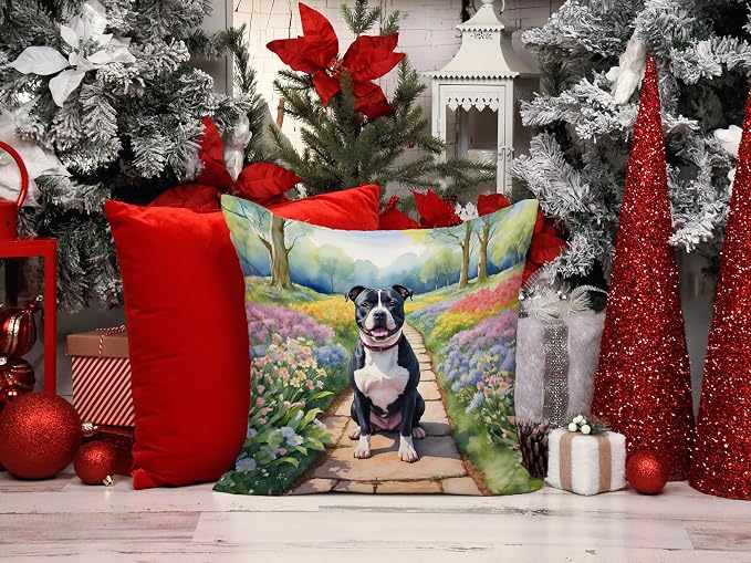 Caroline's Treasures Staffordshire Bull Terrier Spring Path Throw Pillow Machine Washable, Indoor Outdoor Decorative Pillow for Couch, Bed or Patio, 14Hx14W