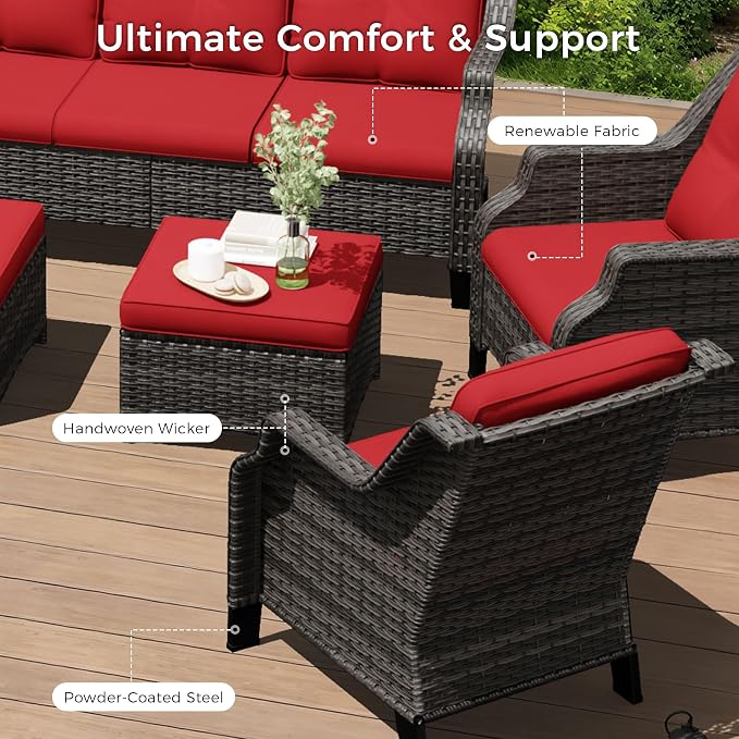 Outdoor Patio Furniture Set, 7 Piece Wicker Patio Furniture with Thick Cushions, Curved Armrest, Deep Seating, Rattan Outdoor Chairs for Porch, Deck, Balcony