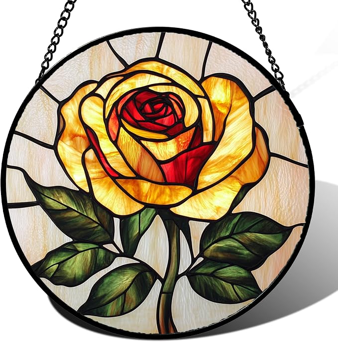 Stained Glass Window Hanging - Elegant Yellow Rose Flower Sun Catcher for Door Garden Home Decor Suncatcher Christmas Mother's Day Birthday Gifts for Women Mom Girl Nana Friend 7.8 in
