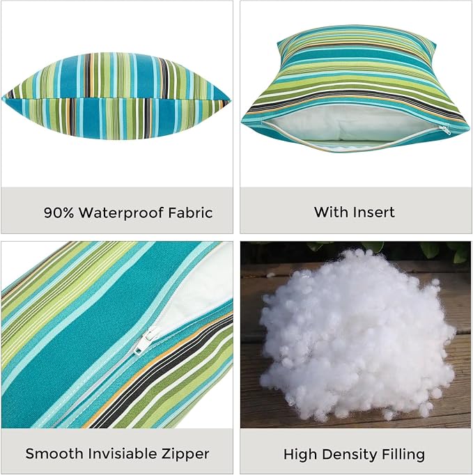 Outdoor Throw Pillows Water Resistant 18x18 inch,Decorative Throw Pillow with Insert Set of 2,Hidden Zipper Headrests for Patio Furniture Sofa Couch Chair(Green Stripe)
