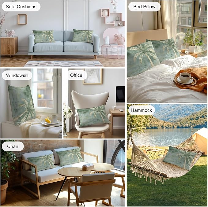Coastal Beach Tree Sage Green Outdoor Waterproof Pillow Covers, Vintage Summer Palm Tropical Botanical Decorative Rectangle Throw Pillowcase Sofa Cushion Sham for Patio/Couch/Chair, 20"x12" 2 Pack