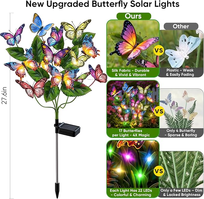 Solar Lights Outdoor Garden Decor: 6 Pack 102 Silk Butterflies with 132 Color-Changing LEDs - Auto On/Off 12H Magical Lighting IP65 Waterproof for Yard Patio Pathway - Unique Gifts for Mom Grandma