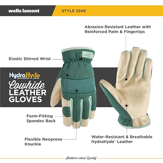 Wells Lamont Women's Work Gloves, Water-Resistant HydraHyde Gardening Gloves, Green, Small (3249S)