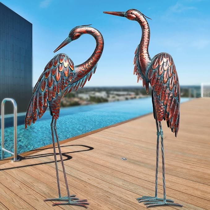 Kircust Outdoor Metal Heron Statues, Crane Sculptures for Garden Yard | Bronze 27.56" Tall, Set of 2 Heron Sculptures, Weatherproof, Patio Decor, Art