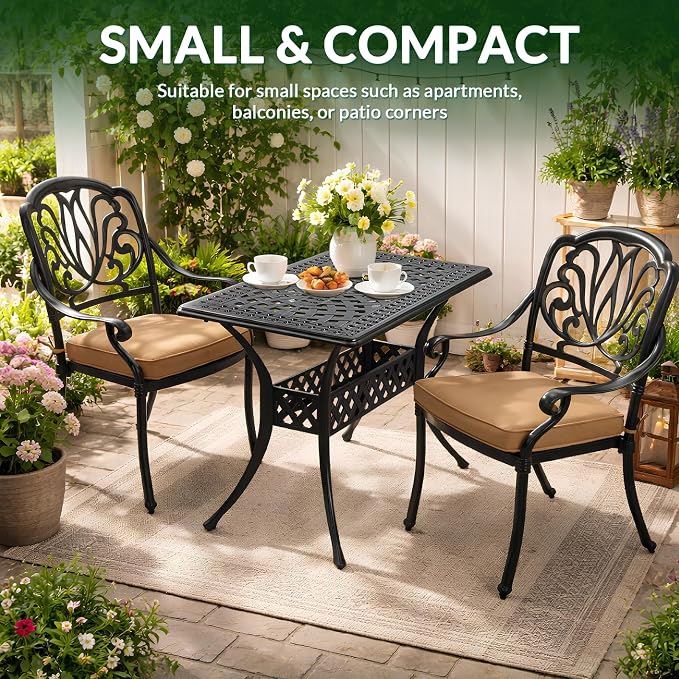 VIVIJASON 3 Piece Cast Aluminum Patio Bistro Set, Outdoor Dining Set with 42" x 24" Rectangular Table and 2 Cushioned Chairs, Rust Proof & Weather Resistant for Small Balcony, Porch, Garden, Deck