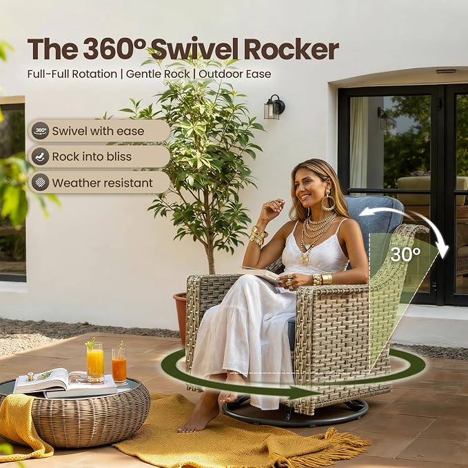 5 PCS Patio Conversation Set, All-Weather Rattan Wicker Outdoor Patio Furniture Sets with High Back Swivel Rocker Chair, Solar Light Coffee Table for Porch,Backyard,Balcony,Denim Blue