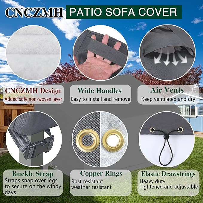 Heavy Duty Patio Sofa Covers Waterproof, Outdoor 3-Seater Couch Cover Waterproof, 600D Outdoor 2-Seater Loveseat Furniture Covers with Air Vent Handle 60''W x 34''D x 24''H/ 30''H Grey
