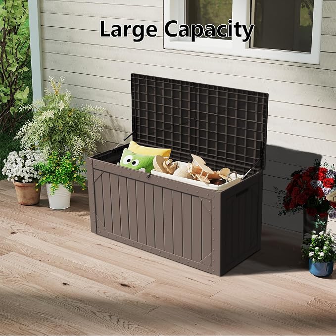 Outdoor Storage Box 100GAL Waterproof Resin Deck Box,UV-Resistant Lockable Package Delivery Bin for Garden Tools,Large Patio Outside Cushions,Pool Accessories Supplies,Chest,Furniture,Brown