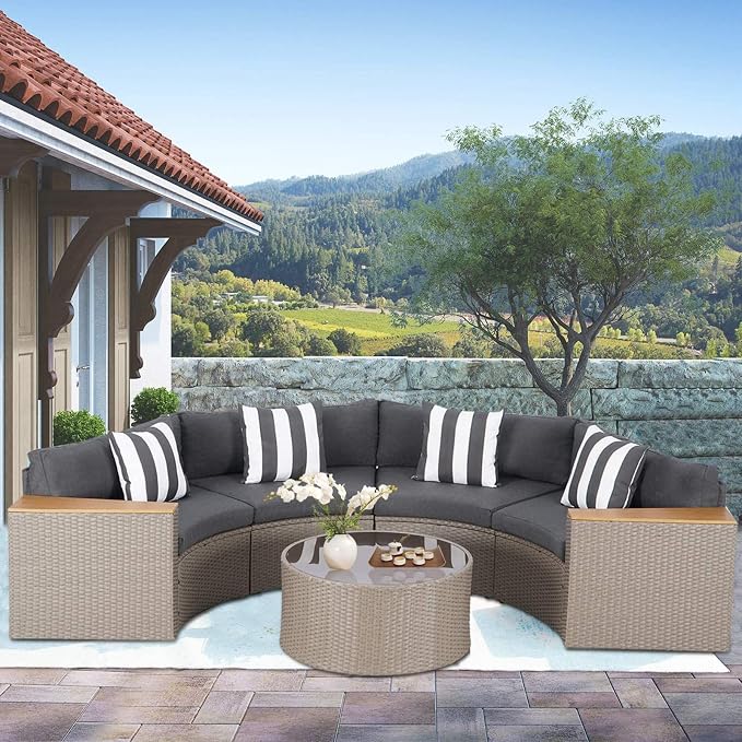 Incbruce Outdoor Half Moon Patio Furniture 5-Piece Curved Outdoor Sofa, All-Weather Outdoor Sectional Furniture Patio Conversation Sets with Round Tempered Glass Top Table (Grey Cushions)