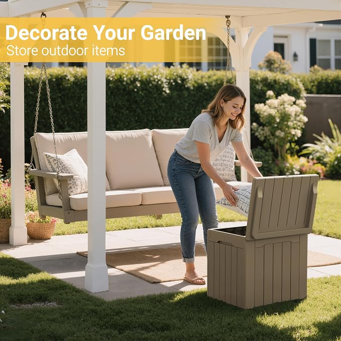 Greesum Outdoor Storage Box 31 Gallon Storage Box with Lid for Patio Furniture, Garden Tools, Pool Supplies, Waterproof and UV Resistant, Lockable, Light Coffee