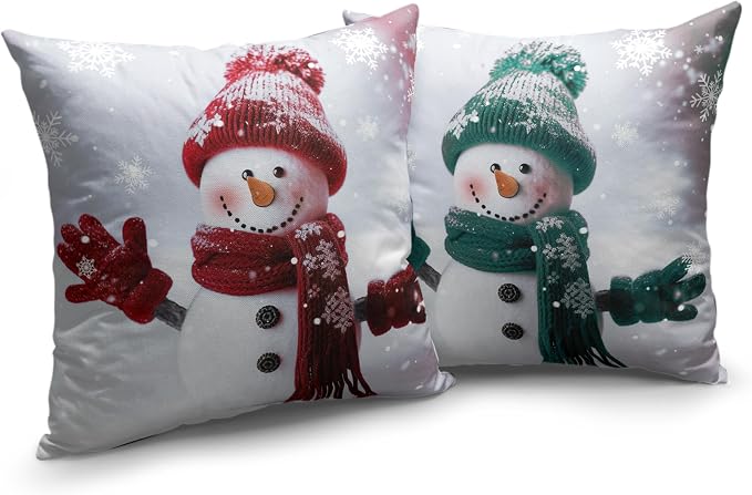 Christmas Green and Red Snowman Throw Pillow Covers 24x24 Winter Farmhouse Pillow Covers Cotton Linen Pillow Case Cushion Case for Holiday Decorations Living Room Sofa Set of 2