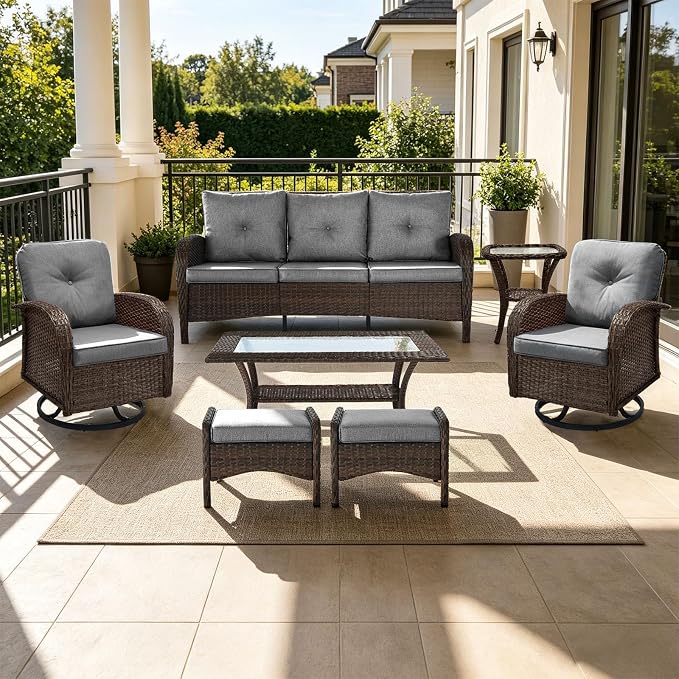 Outdoor Swivel Rocker Patio Chairs (Brown Wicker/Grey Cushion, 7PC/Sofa & Swivel &2 Table & Ottomans)