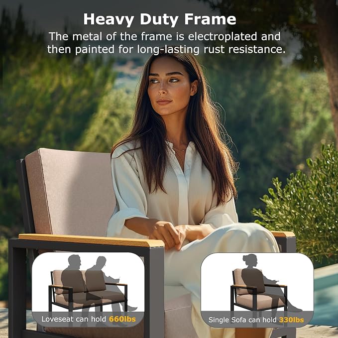 5-Piece Patio Furniture Set with 28” Propane Fire Pit Table, Heavy-Duty Metal Outdoor Conversation Set with Deep Cushions & Wood-Like Armrests for Patio, Porch, Backyard, Garden – Brown