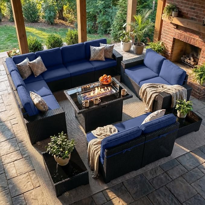 LayinSun 13 Pieces Outdoor Patio Furniture Set with 44" Fire Pit Table Rattan Sectional Sofa Conversation Sets