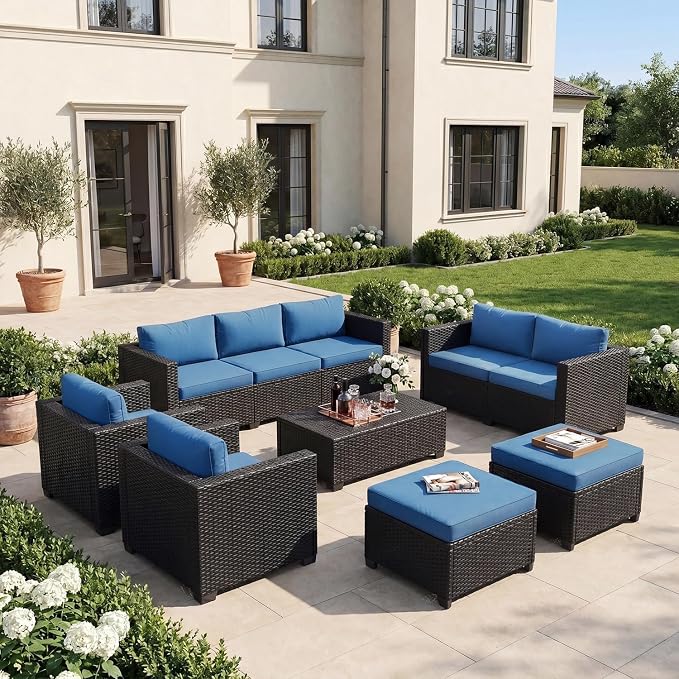 LazySunsets 7-Piece Outdoor Patio Furniture Set, Rattan Outdoor Sectional with Thick Waterproof Cushions, Wicker Ottomans & Waterproof Cover, Patio Conversation Set for Garden, Backyard,Navy Blue