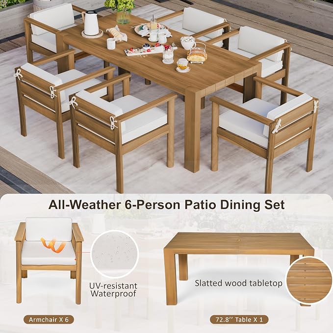 Outdoor 7-Piece Patio Dining Table Set, All-Weather Acacia Wood 72.8" Rectangle Table and 6 Chairs Set with Umbrella Hole and Removable Cushions for Backyard Garden Poolside (Light Teak 72.8'')