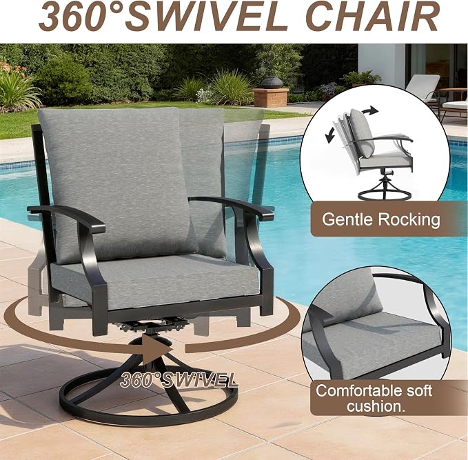 Patio Dining Set for 8 with 13.6ft Double-Sided Patio Umbrella,Outdoor Dining Set of 4 Metal Chairs and 2 Swivel Chairs with Umbrella Hole Table for Backyard,Garden,and Poolside(Grey)