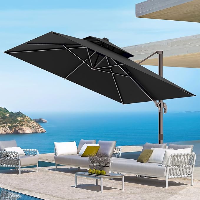 9' X 12' Cantilever Outdoor Patio Umbrellas Double Top Large Rectangle Umbrella Heavy Duty 360°Rotation Offset Umbrella for Garden Deck Pool Patio, Black