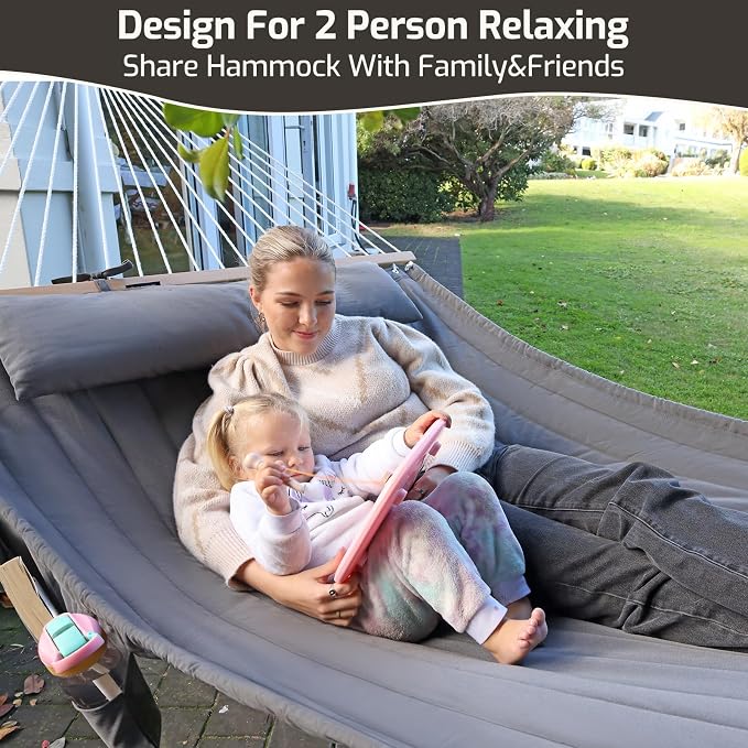 CHULIM Double Quilted Fabric Hammock with Hardwood Spreader Bars and Pillow 450 LBS Capacity 2 Person Large Hammock for Outdoor Patio Backyard Poolside - Terracotta