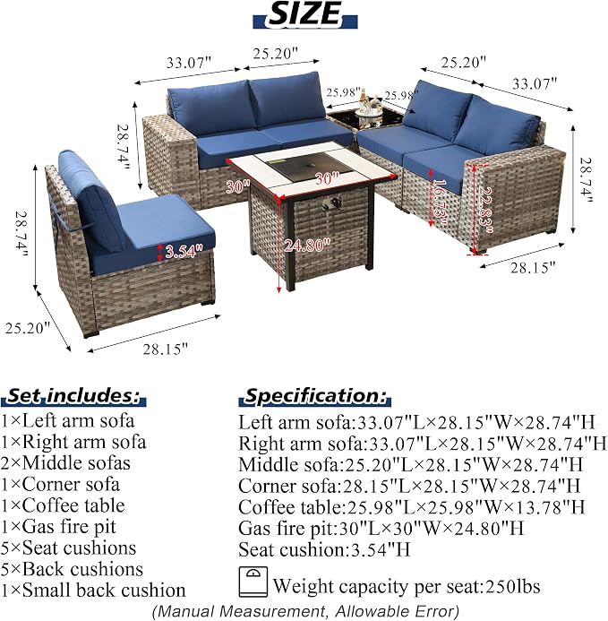 HOOOWOOO Outdoor Patio Sectional Furniture Sofa Set with Propane Gas Fire Pit Table,7 Piece Small Modern Wicker Couch with Widened Armrest,Modular Conversation Seating Set for Out Door(Navy Blue)