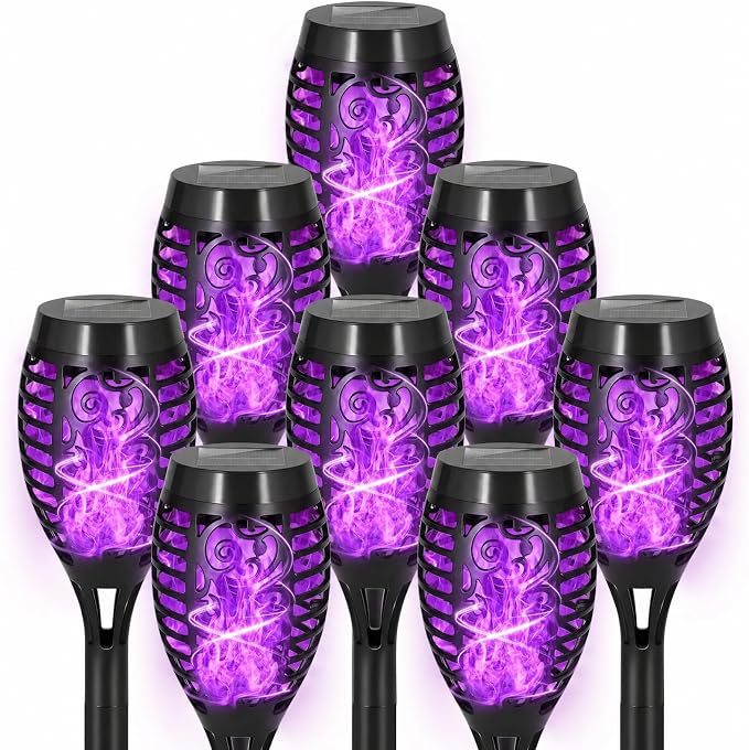 8 Pack Solar Lights Outdoor, Purple Flickering Flame Torches | Purple Flickering Flame, Long Nighttime Glow, Auto-On at Dusk, IP65 Weather-Resistant, Tool-Free Ground Setup