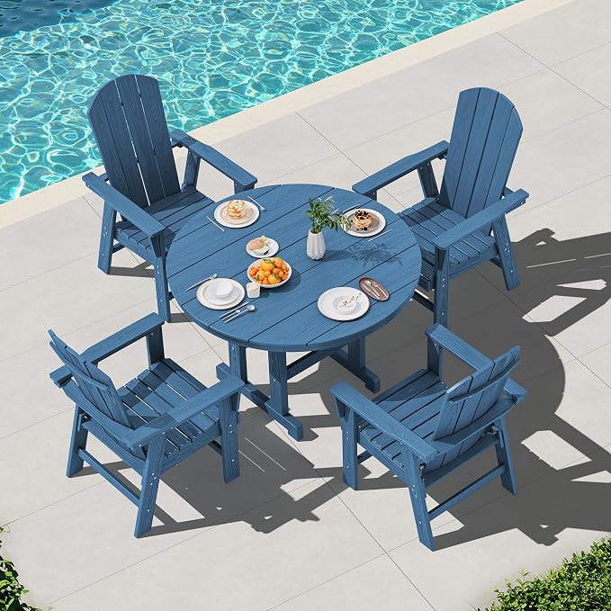 SERWALL 5-Piece Patio Dining Sets, HDPE Outdoor Table and Chairs Furniture Set, 45" Round Dining Table and 4 Adirondack Dining Chair, Navy