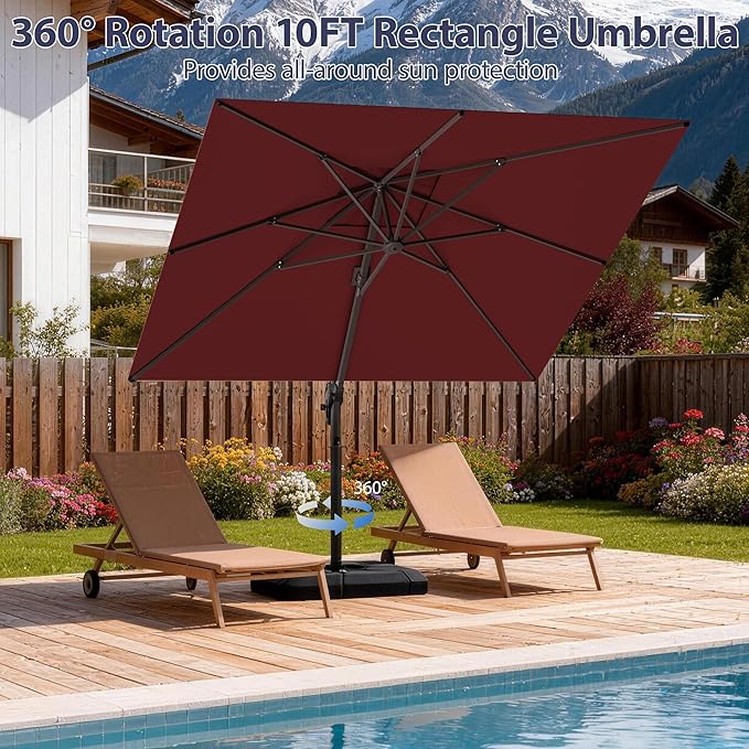 10' X 10' Patio Umbrella Cantilever Outdoor Rectangle Umbrella, Heavy Duty 360°Rotation Offset Umbrella for Garden Deck Pool Patio, Red