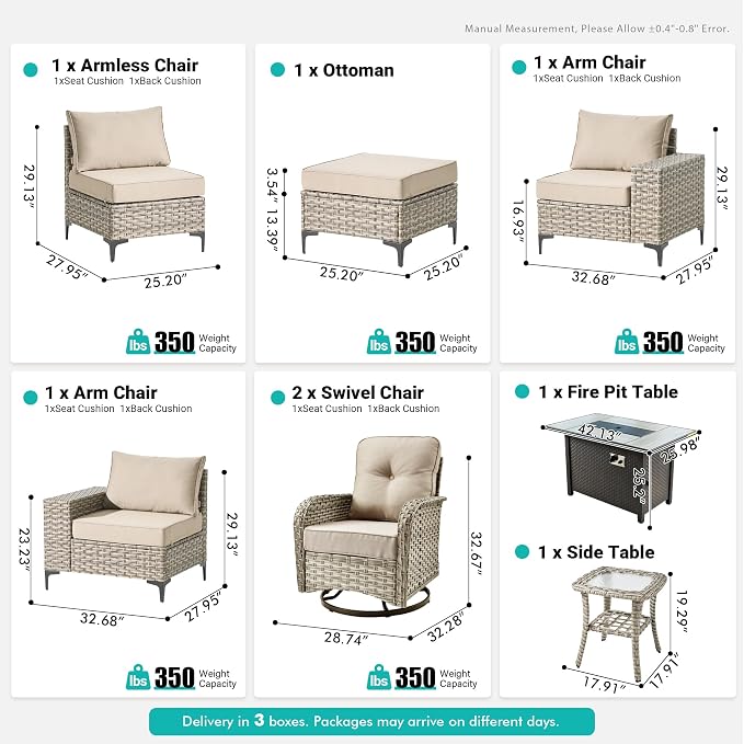 8 Pcs Patio Outdoor Furniture Set - All Weather Wicker Outdoor Sectional Sofa Couch with Swivel Fire Pit Table and Rocking Chairs e,Patio Rattan Conversation Set for Garden Deck Yard,Beige