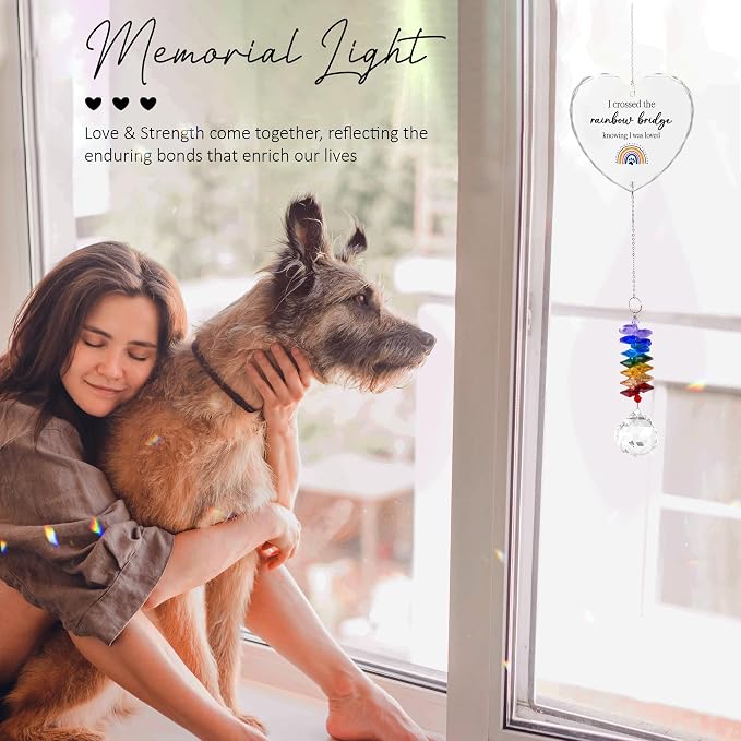 Pet Memorial Suncatcher I Crossed the Rainbow Bridge - Dog Memorial Gifts - Pet Loss - Thoughtful Dogs and Cats Remembrance - Pet Sympathy - Crystal Bereavement Gift