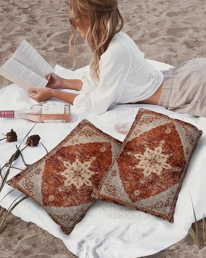 Outdoor Waterproof Pillow Covers Set of 2, Medieval Turkish Patterns Vintage Mural Wallpaper Patio Throw Pillow Covers, Decorative Cushion Case for Couch Sofa Furniture Garden, 20x12 Inch