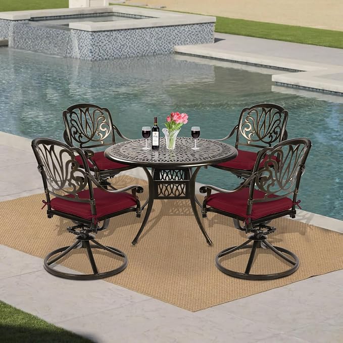 VIVIJASON 5-Piece Outdoor Patio Dining Set, All-Weather Cast Aluminum Conversation Set, Patio Furniture Set, Include 4 Swivel Dining Chairs, a 35.4" Round Table w/Umbrella Hole, Red Cushion