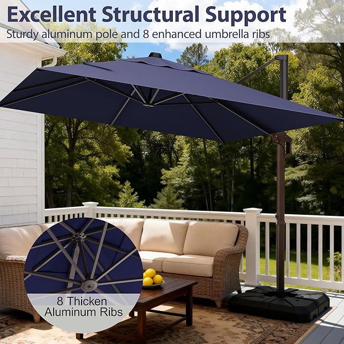 9' X 12' Cantilever Patio Umbrella Rectangle Outdoor Umbrella, 6-Level Tilt & 360° Rotation Offset Umbrella for Garden, Deck, Pool (Navy Blue)