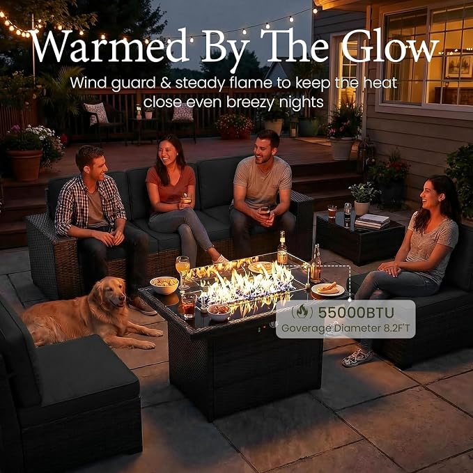 LayinSun 13 Pieces Outdoor Patio Furniture Set with 44" Fire Pit Table Brown Rattan Sectional Sofa Conversation Sets