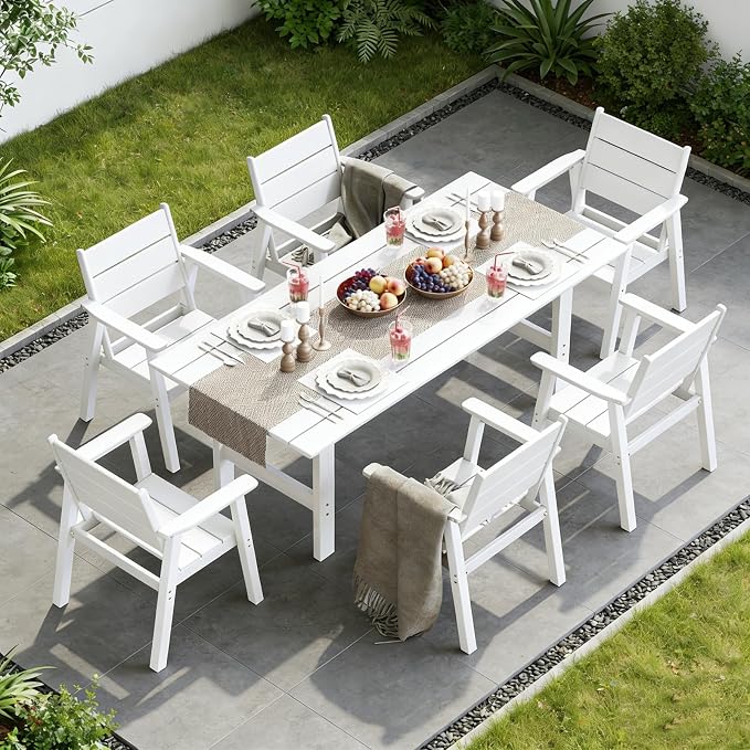 Outdoor Dining Set for 6, 7-Piece Patio Table and Chairs Set, HDPE Outdoor Dining Table and Chairs with Umbrella Hole, All-Weather Dining Furniture Set,White