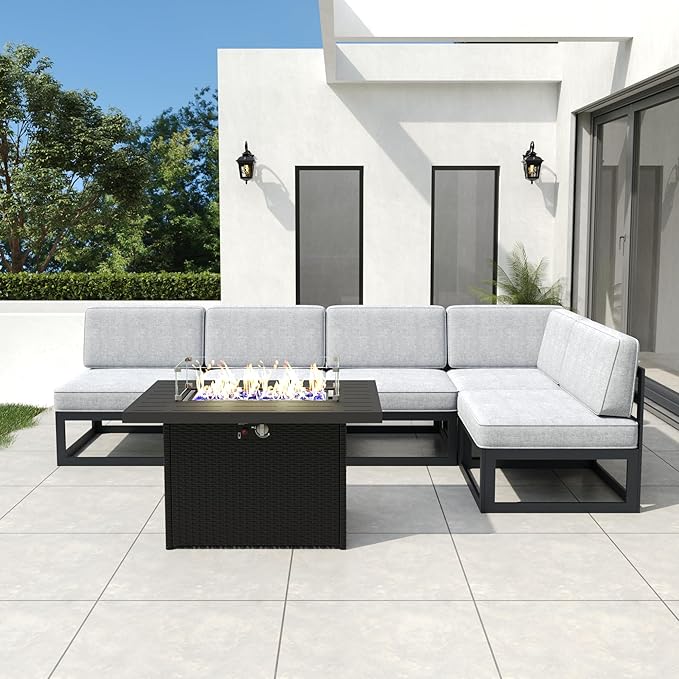 6 Pieces Aluminum Patio Furniture Set with Propane Gas 44" Fire Pit Table, Metal Outdoor Conversation Sofa Set with Seating Cushions