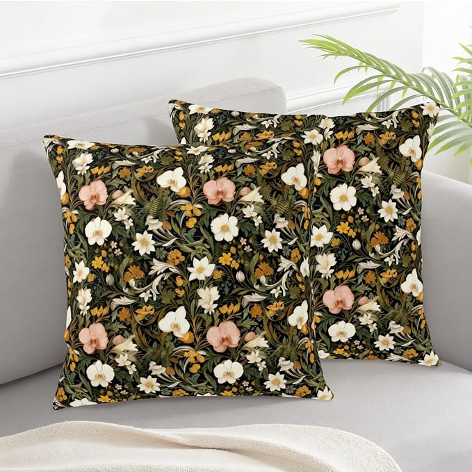 Botanical Floral Pillow Covers Vintage Wildflower Outdoor Pillowcases Spring Summer Boho Black Flower Throw Pillow Covers Cotton Linen Cushion Case 22x22 for Home Farmhouse 2 Pack