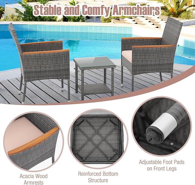 Tangkula 5 Pieces Patio Conversation Set, Outdoor PE Rattan Chairs with Soft Cushions, Ottomans & Tempered Glass Top Table, Acacia Wood Armrests, Patio Furniture Set (Mix Grey+Beige)