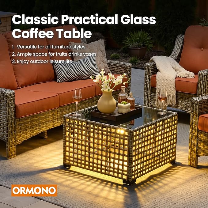5 PCS Patio Conversation Set, All-Weather Rattan Wicker Outdoor Patio Furniture Sets with High Back Swivel Rocker Chair, Solar Light Coffee Table for Porch,Backyard,Balcony,Orange