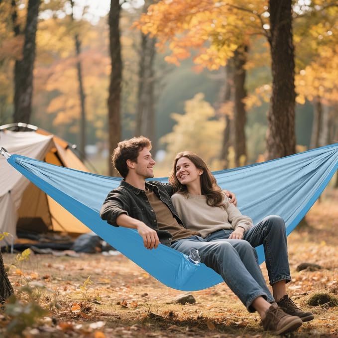 Blue Solid Color Camping Hammock, Portable Lightweight Single Hammock with Tree Straps and Aluminum Carabiners, 114" x 54" Travel Hammock for Hiking Backpacking Beach