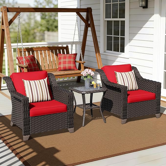 3 Pieces Patio Conversation Furniture Set - 2 Armchairs, 1 Side Table, Outdoor Wicker Furniture with Removable Cushions for Porch, Balcony, Deck, Sunroom (Red)