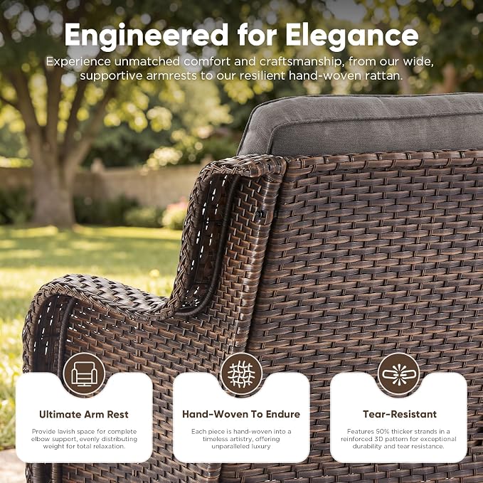 Belord 3-Piece PE Wicker Outdoor Sofa with 2 Ottomans, Luxury Patio Couch Convertible to Chaise Lounge, All-Weather High Back Deep Seat Woven Furniture for Deck, Porch - Brown/Grey