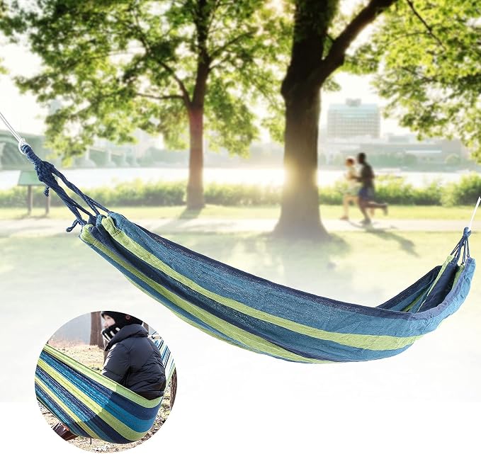 Canvas Double Camping Hammock, Lightweight Travel Hammock, Soft Resting Bed, Quick Setup Hand Woven with Storage Bag for Garden Backpacking, 551 Lb Limit (Blue)