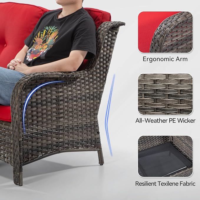 Wicker Patio Furniture Sets 7 Piece Set with One 3-Seat Sofa, 4 WIkcer Chairs, 2 Ottomans, Wicker Outdoor Furniture Set Patio Conversation Set, Red