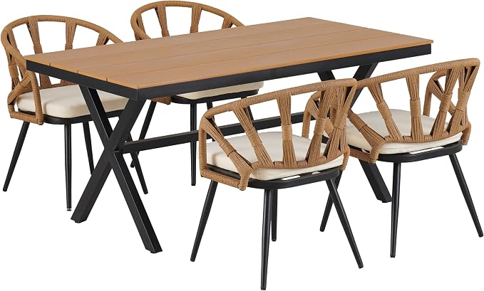 Contemporary Outdoor Set with PE Rattan Chairs and Plastic Wood Dining Table,Suitable for Gardens and Lawns (Dark Yellow@38)