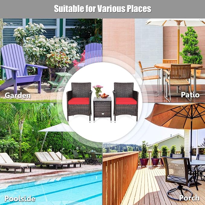 DORTALA Wicker Patio Furniture Set 3 Piece, Small Outdoor Table & Chairs Set with Cushions, All-Weather Rattan Conversation Bistro Set for Balcony, Porch, Backyard, Deck, Red
