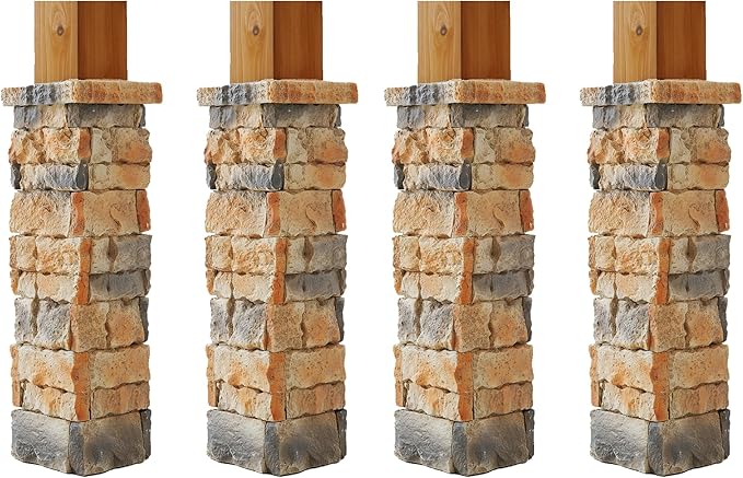 [4-Pack] Faux Stone Column Wrap, 27.2" Height Stackable Post Sleeves, Realistic Natural Rock Texture Decorative Pillar Covers for Gazebo, Porch and Patio, Easy DIY Interlocking Installation.