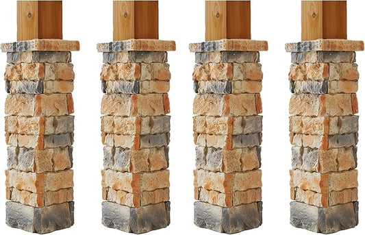 [4-Pack] Faux Stone Column Wrap, 27.2" Height Stackable Post Sleeves, Realistic Natural Rock Texture Decorative Pillar Covers for Gazebo, Porch and Patio, Easy DIY Interlocking Installation.
