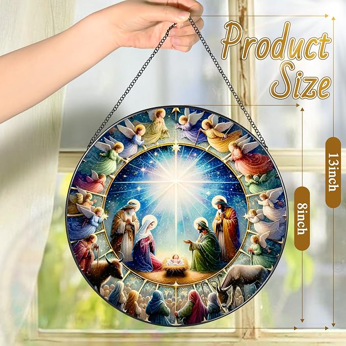 Stained Glass Window Hanging, LAOWEIKI 8'' Nativity Scene Suncatcher, Stained Glass Ornament, Window Decor, Outdoor or Indoor, Christian Gifts, Religious Gifts for Women