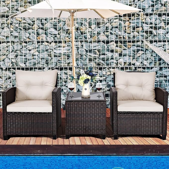 DORTALA Wicker Patio Furniture Set 3 Piece, Outdoor Table and Chairs with Tempered Glass Tabletop, Cushions, Small Rattan Conversation Sofa Set for Balcony, Porch, Backyard, Deck, White